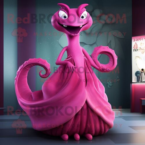 Personnage De Costume De Mascotte Redbrokoly Magenta Hydra Habillé D'une Robe De Soirée Et De Châles