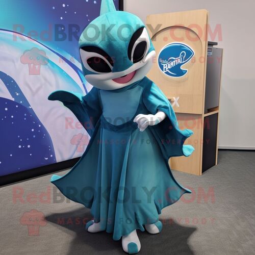 Personnage De Costume De Mascotte Redbrokoly Teal Manta Ray Habillé Avec Une Robe Droite Et Des Ceintures