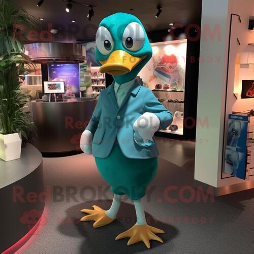 Mascotte Redbrokoly De Personnage D'oie Turquoise Habillée D'un Col Roulé Et De Noeuds Papillon