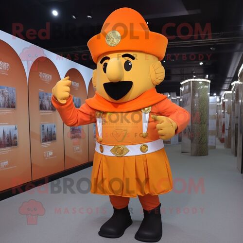 Personnage De Costume De Mascotte Redbrokoly De Soldat Romain Orange Habillé D'un Jean Et D'épingles À Chapeau
