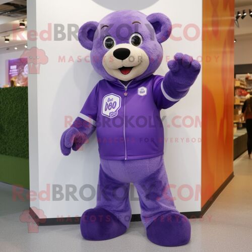 Personnage De Costume De Mascotte Redbrokoly D'ours En Peluche Violet Habillé D'un Jean Bootcut Et D'épinglettes
