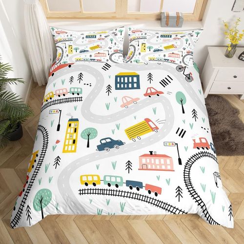 Sjzg-Cartoon Car Parure De Lit 140x200cm Pour Enfants Street Road Parure Housse De Couette Coloré Train Véhicule Housse De Couette Chambre Decor Collection 2pcs