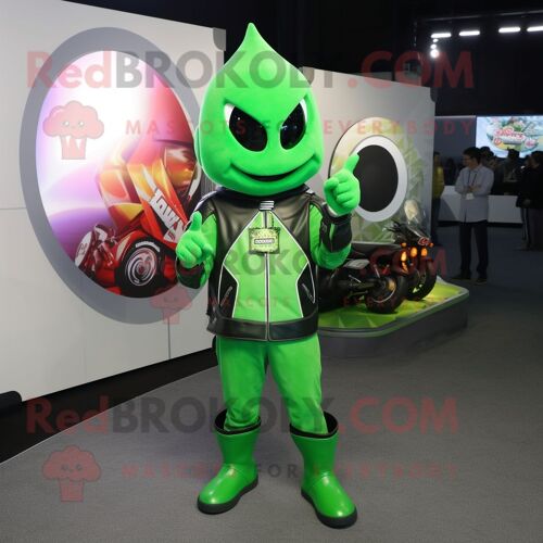 Personnage De Costume De Mascotte Redbrokoly D'oignon Vert Habillé D'une Veste De Moto Et D'anneaux
