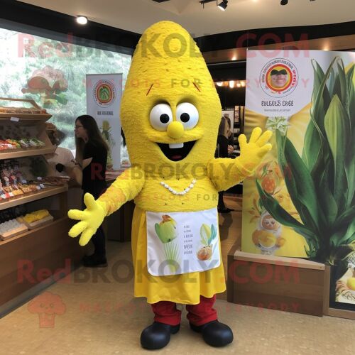 Mascotte Redbrokoly De Paella Jaune Personnage Déguisé Habillé D'une Barboteuse Et De Broches