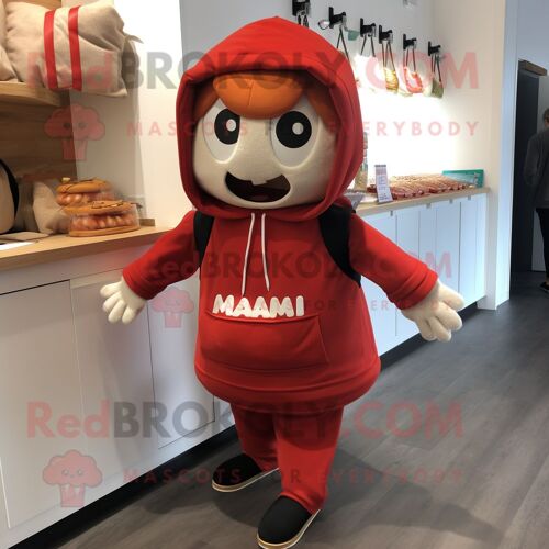Personnage De Costume De Mascotte Redbrokoly De Boulettes De Viande Habillé Avec Un Sweat À Capuche Et Des Sacs Fourre-Tout