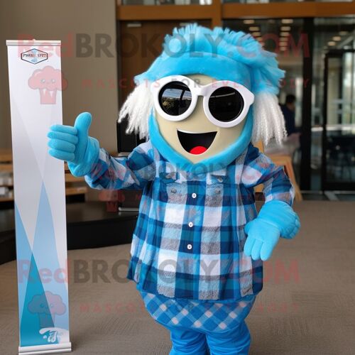 Personnage De Costume De Mascotte Redbrokoly Cyan Queen Habillé D'une Chemise En Flanelle Et De Lunettes De Soleil