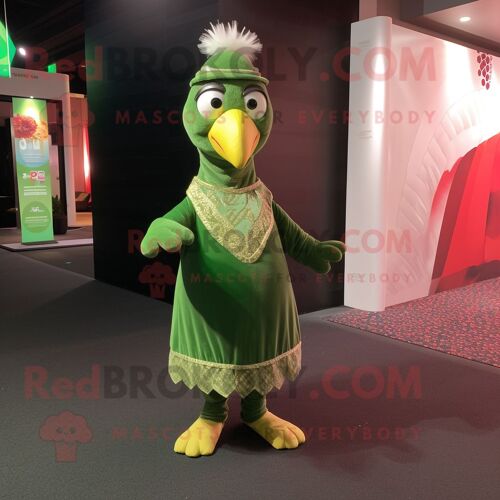 Mascotte Redbrokoly De Personnage De Dindon Vert Habillé D'une Robe Midi Et De Pochettes