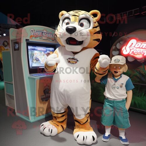 Personnage De Costume De Mascotte Redbrokoly De Tigre À Dents De Sabre Crème Habillé D'un Bermuda Et De Montres