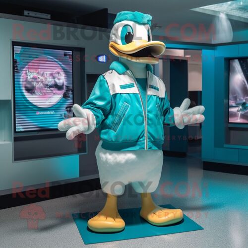 Personnage De Costume De Mascotte Redbrokoly De Canard Bleu Sarcelle Habillé D'une Veste Et De Boucles D'oreilles