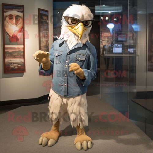 Personnage De Costume De Mascotte Redbrokoly D'aigle À Tête Blanche Beige Habillé D'une Chemise En Jean Et De Lunettes