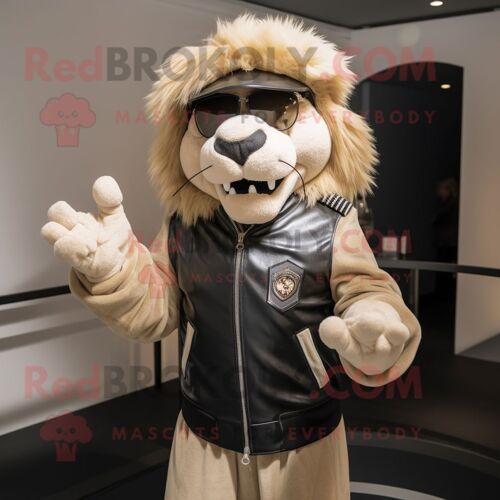 Mascotte Redbrokoly De Personnage De Lion Beige Habillé D'un Blouson De Motard Et De Bonnets