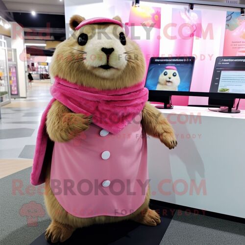 Mascotte Redbrokoly De Personnage De Marmotte Rose Habillée D'un Chemisier Et D'épingles À Châle