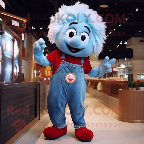 Personnage De Costume De Mascotte Redbrokoly De Boulettes De Viande Habillé Avec Un Jean Boyfriend Et Des Bretelles
