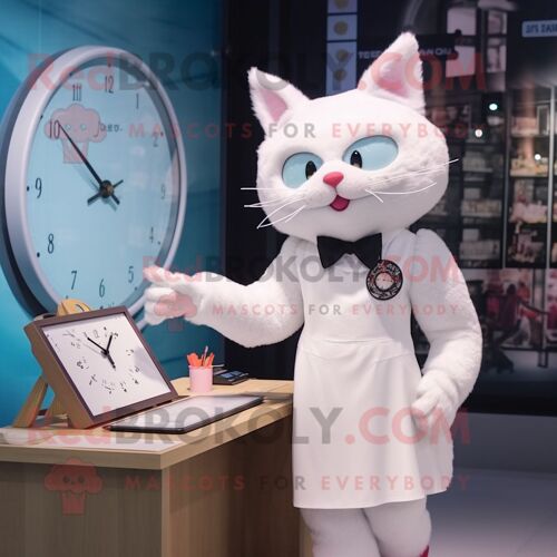 Mascotte Redbrokoly De Personnage De Chat Blanc Habillé D'une Jupe Crayon Et De Montres