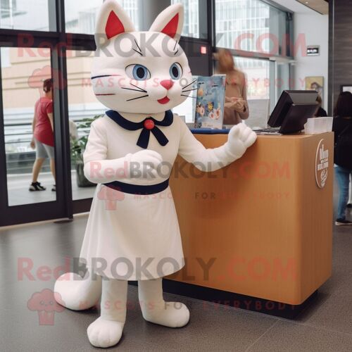 Mascotte Redbrokoly De Personnage De Chat Blanc Habillé D'une Jupe Crayon Et De Montres