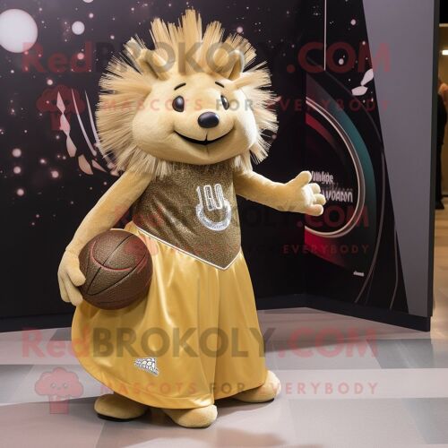 Personnage De Costume De Mascotte Redbrokoly De Porc-Épic Doré Habillé D'une Robe De Bal Et De Sacs Fourre-Tout