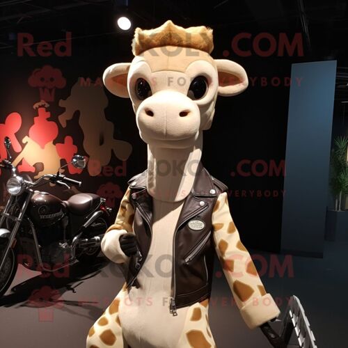 Mascotte Redbrokoly De Personnage De Girafe Beige Habillée D'un Blouson De Motard Et De Bonnets