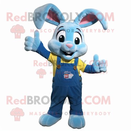 Mascotte Redbrokoly De Lapin Bleu Costume De Personnage Habillé D'une Salopette Et De Bracelets
