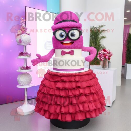Personnage De Costume De Mascotte Redbrokoly De Gâteau De Mariage Magenta Habillé D'une Jupe Circulaire Et De Lunettes