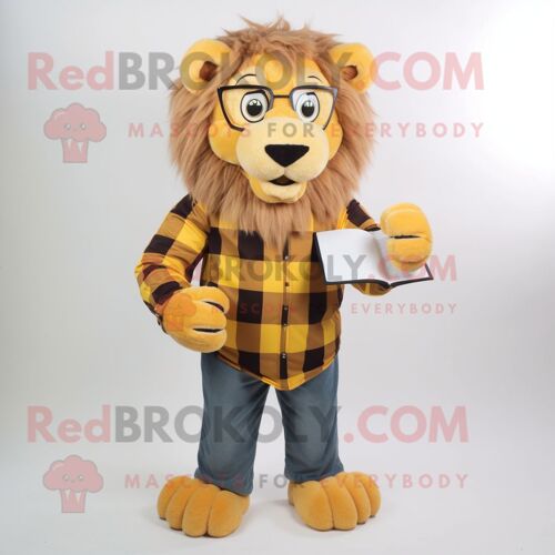 Personnage De Costume De Mascotte Redbrokoly De Lion Dompteur D'or Habillé D'une Chemise En Flanelle Et De Lunettes De Lecture