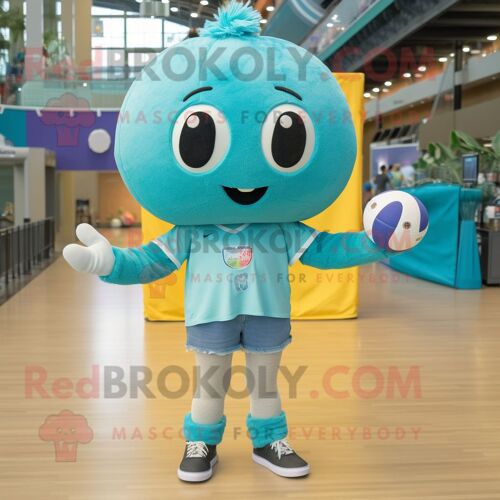 Personnage De Costume De Mascotte Redbrokoly De Boule De Volley-Ball Turquoise Habillé Avec Un Jean Maman Et Des Bracelets De Cheville