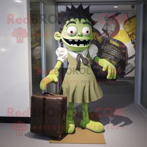 Personnage De Costume De Mascotte Redbrokoly Olive Frankenstein S Monster Habillé D'une Robe Droite Et De Mallettes