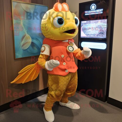 Personnage De Costume De Mascotte Redbrokoly De Saumon Doré Habillé D'une Robe Droite Et De Montres Numériques