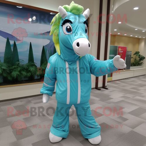 Personnage De Costume De Mascotte Redbrokoly De Cheval Cyan Habillé D'un Coupe-Vent Et De Ceintures De Smoking
