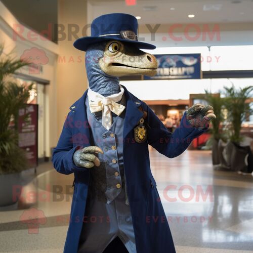 Personnage De Costume De Mascotte Redbrokoly D'utahraptor Bleu Marine Habillé D'un Blazer Et D'épingles À Chapeau