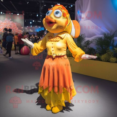 Personnage De Costume De Mascotte Redbrokoly De Poisson Clown Jaune Habillé D'une Robe Longue Et De Bretelles