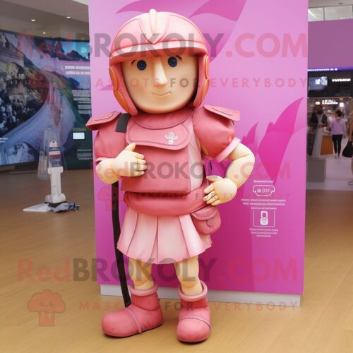 Mascotte Redbrokoly De Personnage De Soldat Romain Rose Habillé D'un Chemisier Et De Sacs À Dos