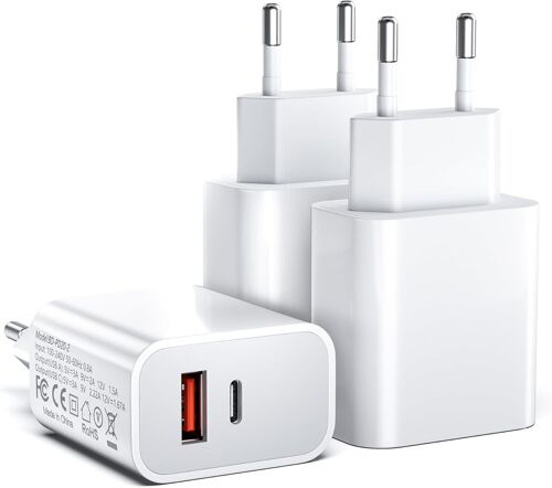 JGD-[3 pièces] chargeurs USB C, 20W Bloc d'alimentation USB 2 Ports Compatible avec 11/12/13/SE/14/15/16 Pro Max, Chargeur Rapide USB A+C PD3.0, Adaptateur de Charge de Type C (sans câble de Charge)