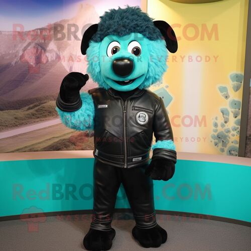 Personnage De Costume De Mascotte Redbrokoly De Mouton Suffolk Turquoise Habillé D'une Veste En Cuir Et De Coussinets Pour Les Pieds