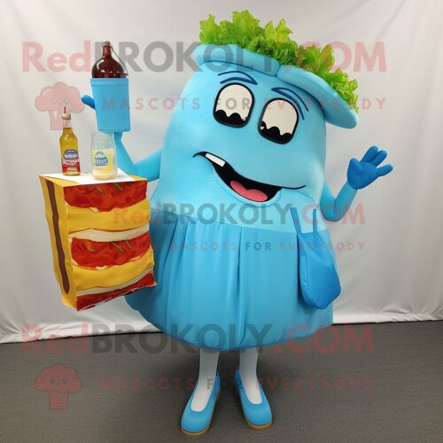 Personnage De Costume De Mascotte Redbrokoly De Sandwich Au Porc Effiloché Bleu Ciel Habillé D'une Robe De Cocktail Et De Sacs De Messager
