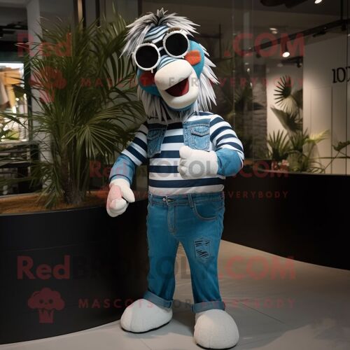 Personnage De Costume De Mascotte Redbrokoly De Zèbre Cyan Habillé D'un Jean Et De Lunettes De Soleil