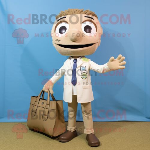 Mascotte Redbrokoly De Personnage De Docteur Beige Habillé D'un Blazer Et De Sacs Fourre-Tout