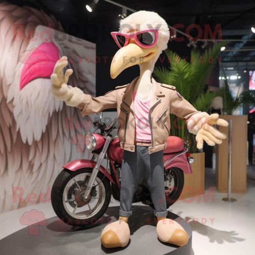 Mascotte Redbrokoly De Personnage De Flamant Rose Beige Habillé D'un Blouson De Motard Et De Pinces À Cheveux