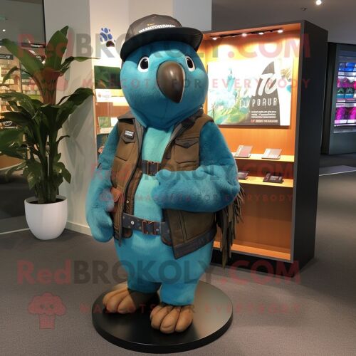 Personnage De Costume De Mascotte Redbrokoly Kiwi Turquoise Habillé D'une Veste En Cuir Et De Portefeuilles