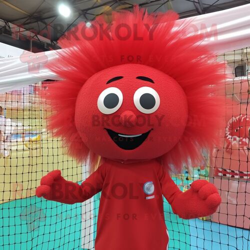 Personnage De Costume De Mascotte Redbrokoly De Filet De Volley-Ball Rouge Habillé D'un Pantalon Chino Et De Pinces À Cheveux