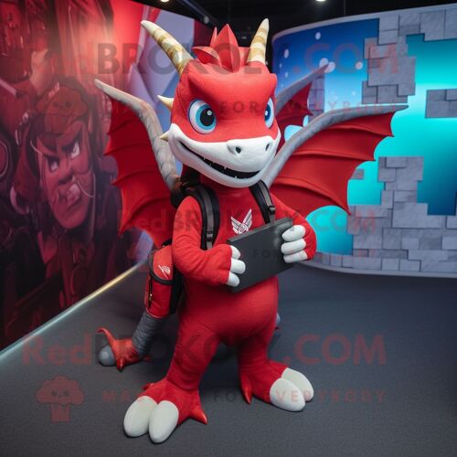 Personnage De Costume De Mascotte Redbrokoly De Dragon Rouge Habillé D'un Jogging Et De Sacs À Dos