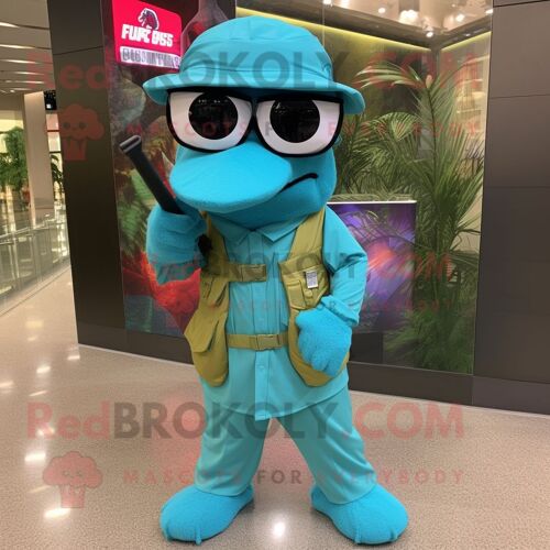 Personnage De Costume De Mascotte Redbrokoly Turquoise Sniper Habillé D'une Chemise Et De Lunettes De Soleil