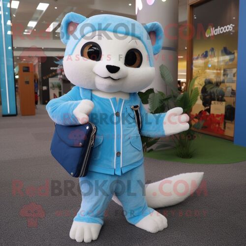 Personnage De Costume De Mascotte Redbrokoly De Furet Bleu Ciel Habillé D'un Jean Skinny Et De Portefeuilles