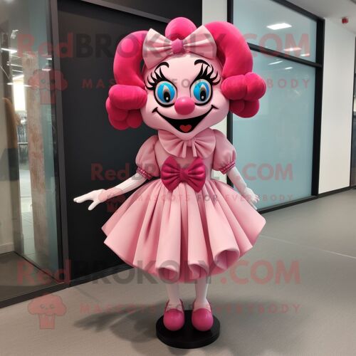 Personnage De Costume De Mascotte Redbrokoly De Clown Maléfique Rose Habillé D'une Mini Robe Et De Noeuds Papillon