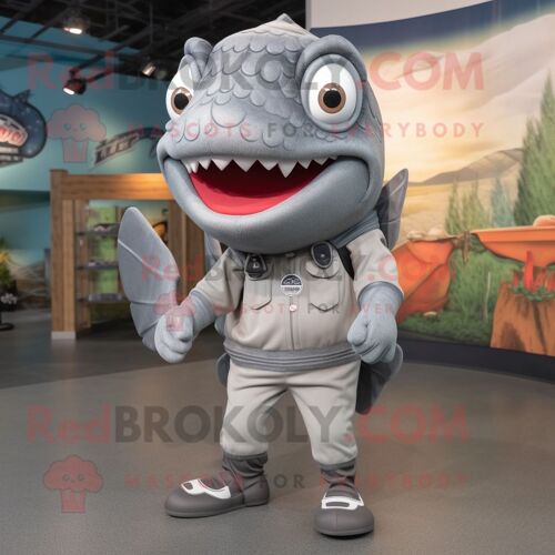Costume De Mascotte Redbrokoly De Saumon Gris Habillé Avec Un Legging Et Des Coussinets Pour Les Pieds