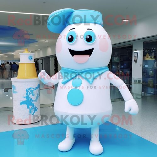 Personnage De Costume De Mascotte Redbrokoly De Bouteille De Lait Bleu Ciel Habillé D'un Maillot De Bain Une Pièce Et De Boutons De Manchet
