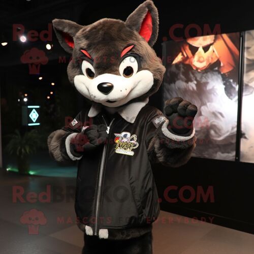 Personnage De Costume De Mascotte Redbrokoly De Renard Noir Habillé D'un Blouson Aviateur Et D'épinglettes
