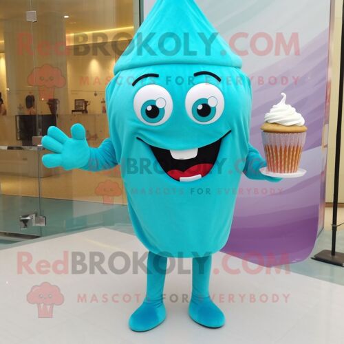 Mascotte Redbrokoly De Cupcake Turquoise Personnage Déguisement Habillé D'une Robe Fourreau Et De Coussinets Pour Les Pieds