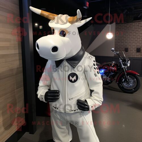 Personnage De Costume De Mascotte Redbrokoly De Vache Blanche De Guernesey Habillé D'une Veste De Moto Et De Pinces À Chaussures