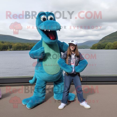 Personnage De Costume De Mascotte Redbrokoly De Monstre Du Loch Ness Habillé Avec Un Jean Boyfriend Et Des Pinces À Chaussures