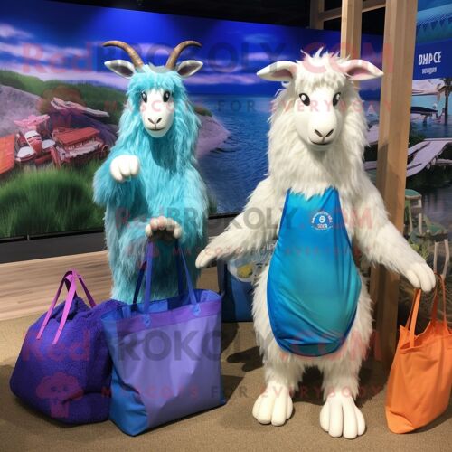 Personnage De Costume De Mascotte Redbrokoly De Chèvre Angora Bleue Habillé D'un Bikini Et De Sacs Fourre-Tout